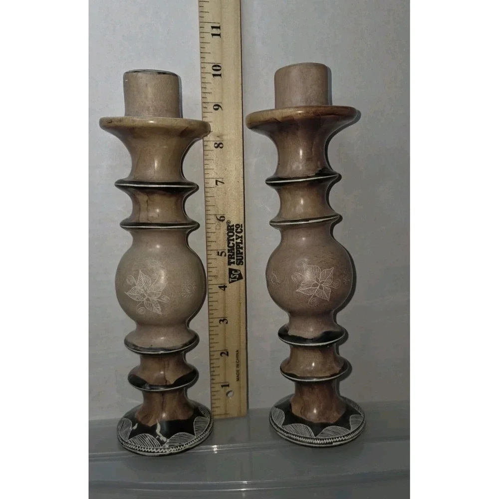 Vintage Hand Painted African Style Stone Candle Holders Set of 2 Kenya Brown